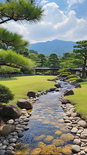 A bright naturalistic Japanese garden with a shallow stream over pebbles, open lawn and borrowed mountain view, Meiji-era style, photorealistic documentary photograph, natural…