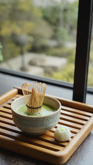 A bowl of freshly whisked bright green matcha tea with fine foam on a wooden tray at the edge of a veranda, a small seasonal Japanese sweet beside it, garden softly blurred…