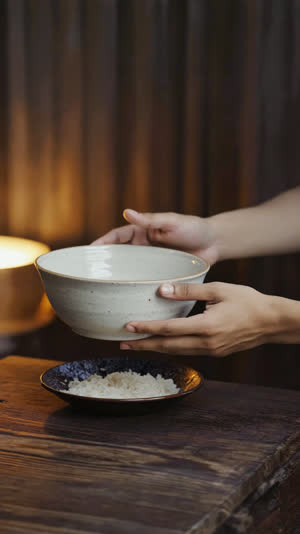 Hands mid-motion lifting a ceramic rice bowl slightly off a dark table, side view, frozen moment, warm light, cropped below shoulders