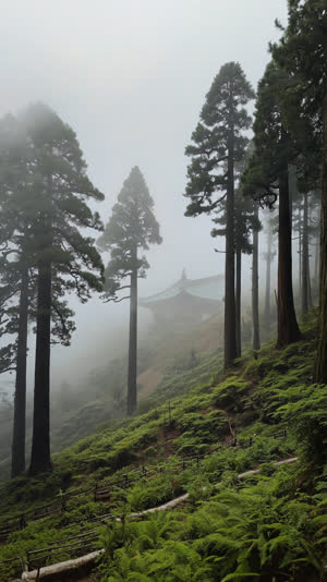 Misty cedar forest slopes of Yoshino, Nara with a distant temple roof, morning fog between tall trunks, serene mountain atmosphere