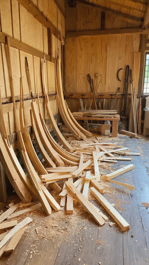 Cooper's workshop with cedar sake-barrel staves and a pile of pale offcut strips, fragrant fresh-cut wood texture, workshop window light