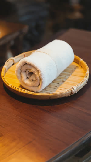 Rolled white hand towel on a small bamboo tray on a dark wooden restaurant table, tight angled close-up, visible fabric weave, soft warm light