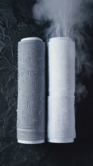 Two rolled towels side by side, one beaded with cold condensation, one steaming hot, split composition on dark stone, strong texture contrast