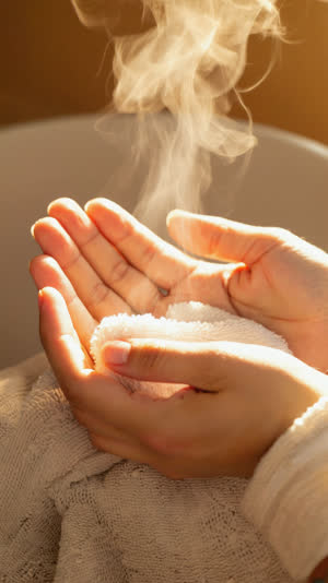 Warm white towel resting in an open palm, soft golden side light, gentle steam, intimate close-up