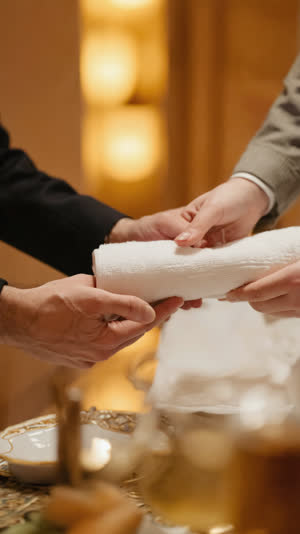 Close-up of one pair of hands receiving a warm rolled towel from another pair of hands, moment of exchange, warm restaurant light