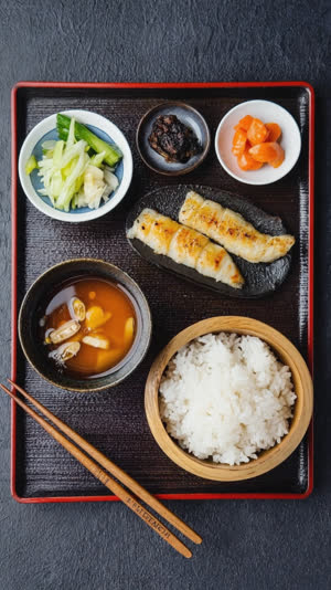 Top-down view of the same meal tray with rice and miso soup deliberately swapped to the wrong sides, identical framing for comparison, subtle wrongness