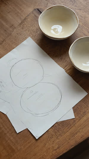 Hand-drawn meal placement diagram on paper laid beside real bowls on a wooden table, diagram matching the actual arrangement, documentary still life, soft light