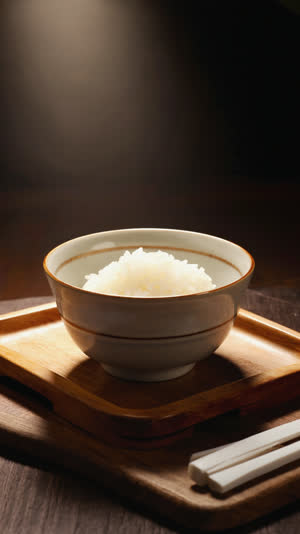 Rice bowl on the left side of a tray caught in a beam of warm directional light, rest of the table in soft shadow, sense of honored position, close-up