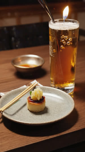 Izakaya table set with a small appetizer, chopsticks and a freshly poured beer with rising bubbles, the meal about to begin, warm evening atmosphere