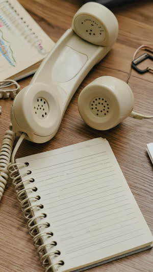 Telephone handset and notepad on an office desk in muted tones, consumer helpline atmosphere, documentary still life, soft neutral light