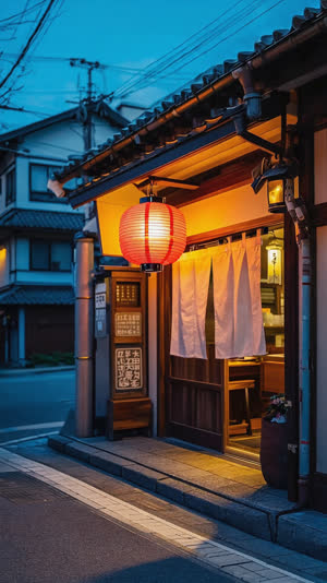 Izakaya entrance at dusk with glowing red lantern and noren curtain, warm light spilling out, inviting street atmosphere