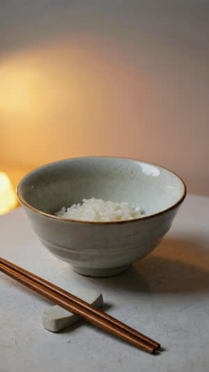 Empty rice bowl and chopsticks resting neatly on a chopstick rest after a finished meal, quiet afterglow light, close-up, still and calm