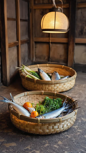 Woven baskets of fresh vegetables and fish in an old-fashioned Japanese earthen-floor kitchen, ingredients gathered from many places, rustic lamplight