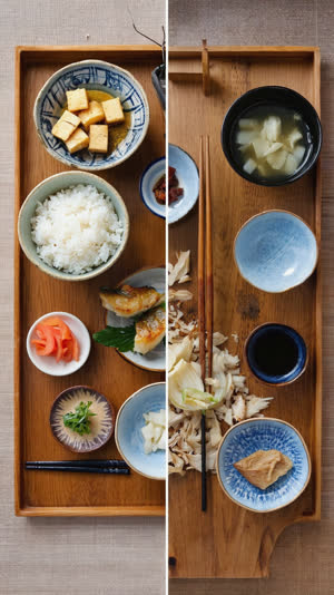 Split composition of an untouched Japanese meal on the left and the same meal finished with empty bowls on the right, before and after, matching framing