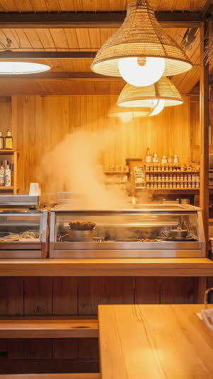 Warm glowing open-kitchen counter of a small Japanese diner seen from a dining seat, steam rising over the pass, inviting light