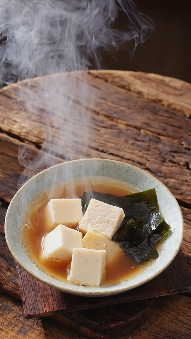 Steaming bowl of miso soup on a wooden table, tofu and wakame afloat, wisps of steam catching warm light, intimate close-up