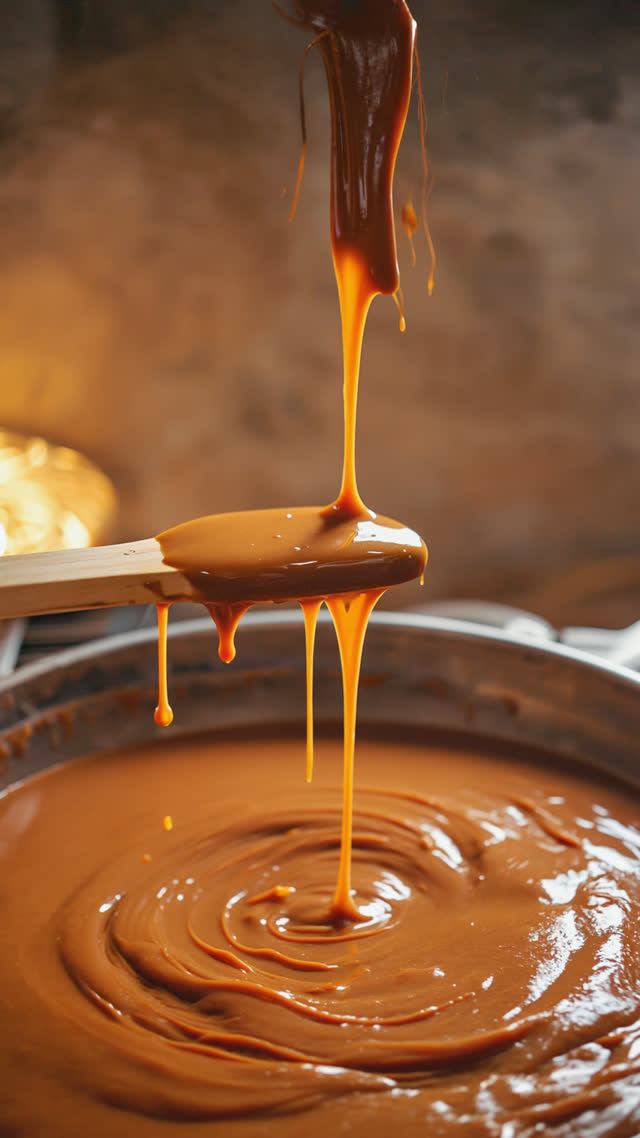 Thick dark fermented moromi mash lifted on a wooden paddle, viscous strands falling back in motion, glossy deep brown, warm low light