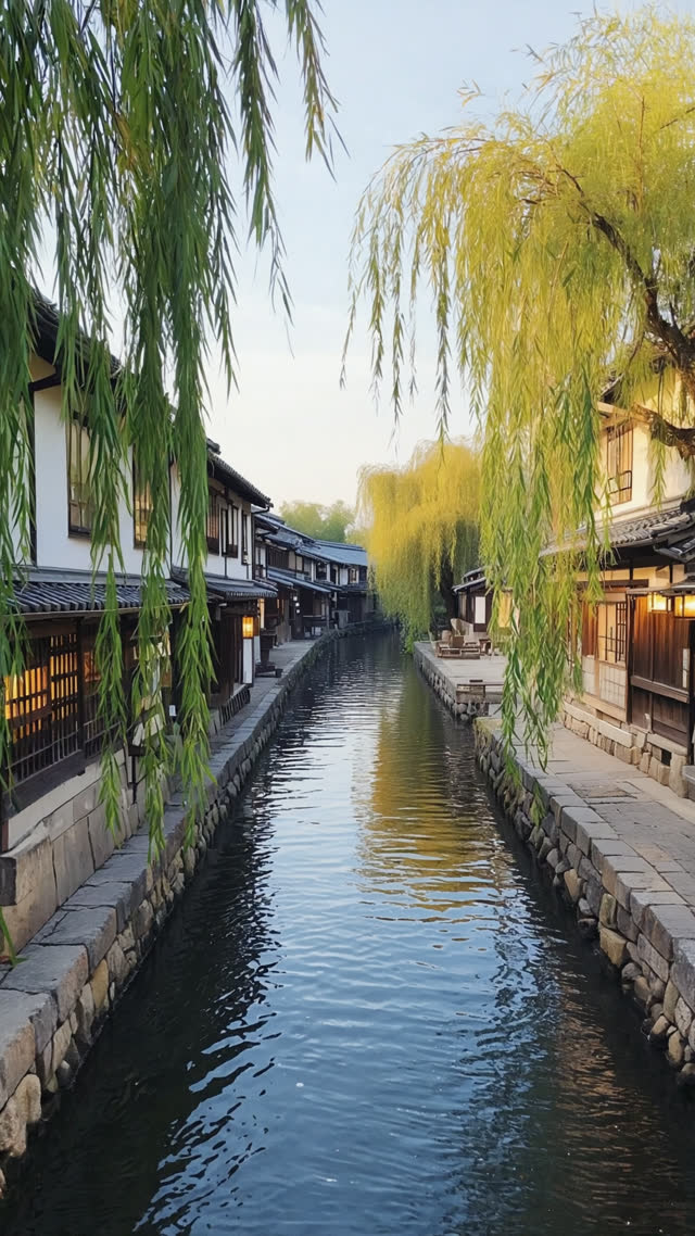 Traditional sake brewery district in Fushimi Kyoto, white plaster walls and dark wooden warehouses along a willow-lined canal, soft afternoon light