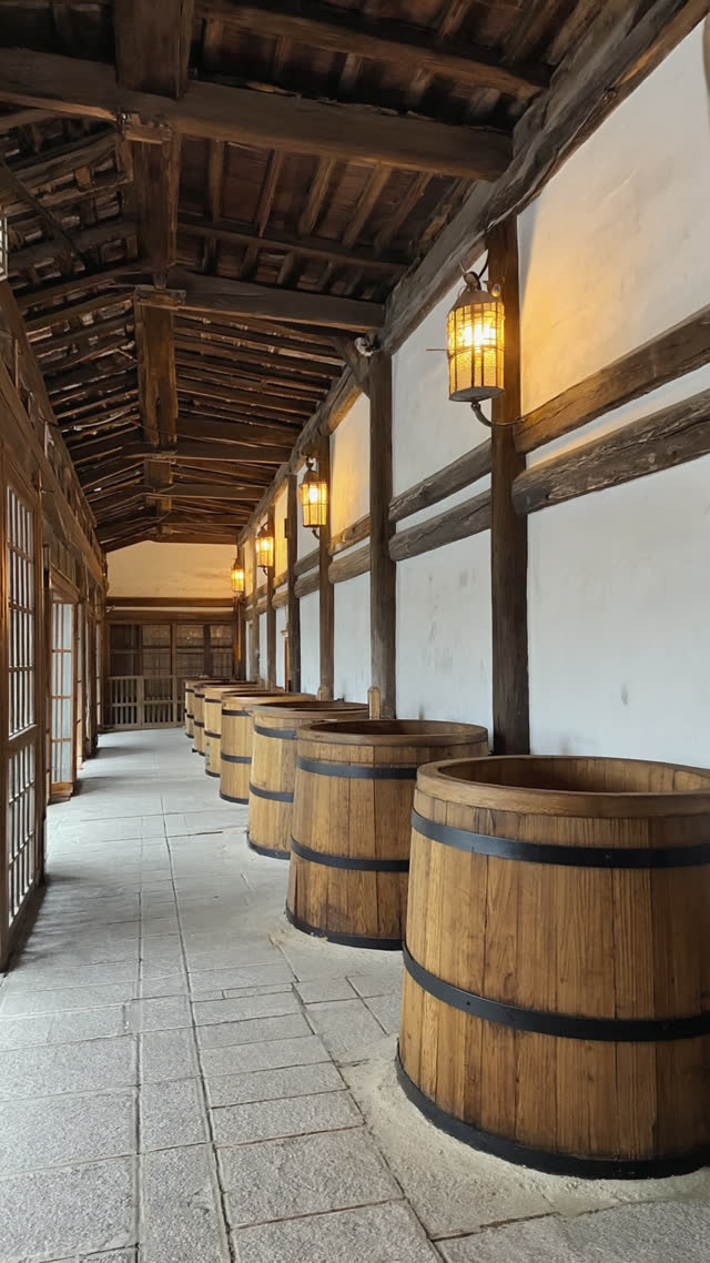 Giant wooden cedar fermentation vats in a dim miso warehouse, river stones stacked in a tall cone on each lid, dust in shafts of light, cathedral-like scale