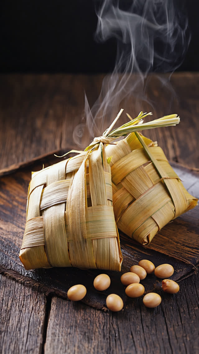 Straw natto bundle half opened on a dark wooden surface, steam rising from hot soybeans nested inside golden straw, rustic texture contrast, warm side light