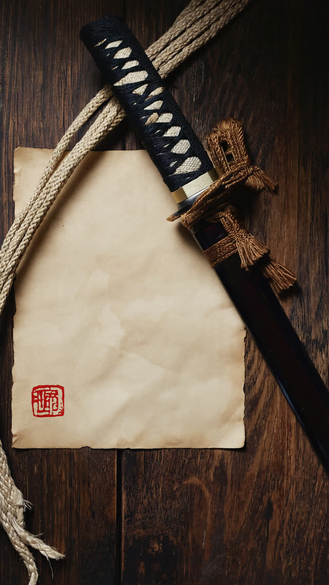 Still life of a sheathed Japanese sword on dark wood beside a folded plain aged washi paper with a single red ink seal stamp and a thin cord, archival mood, soft directional light