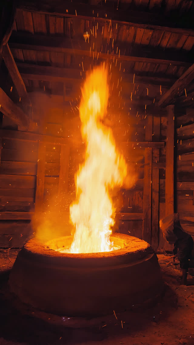 Long clay tatara furnace erupting with tall orange flames inside a dark timber hall, embers rising, a distant figure seen only from behind in silhouette
