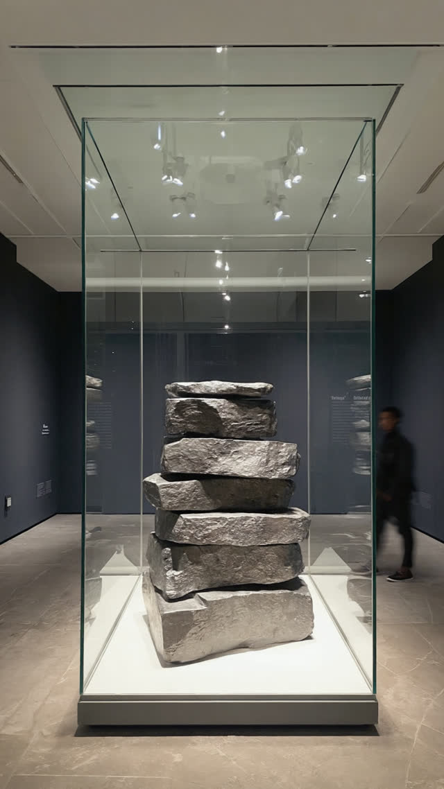 Museum display of raw tamahagane steel blocks in a glass case under focused gallery lighting, plain dark walls without any text panels, dramatic minimal exhibition design, steel…