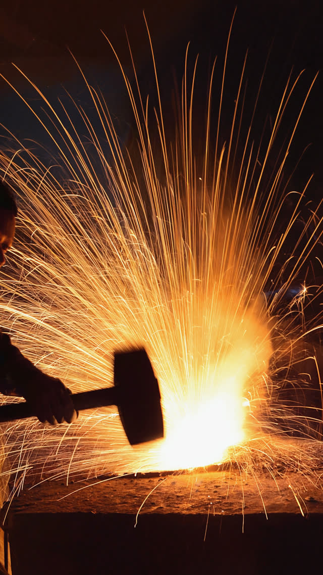 Hammer striking white-hot steel with an explosive radial burst of sparks, dark smithy, high-speed frozen moment, smith as dim silhouette from behind