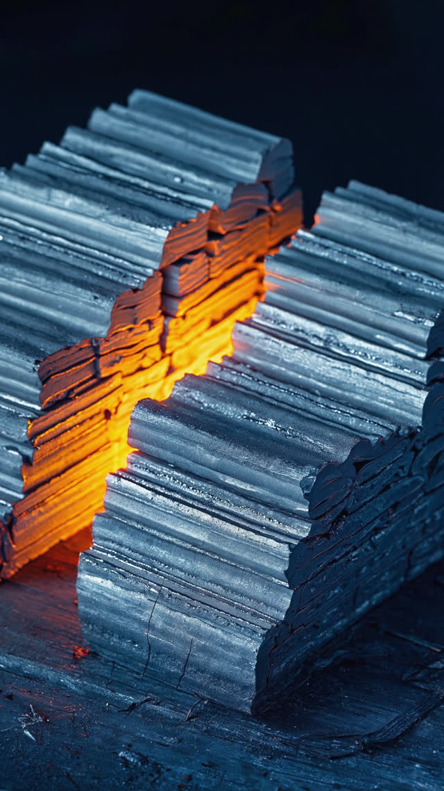 Cross-section of folded steel billet showing fine laminated layers like pastry, glowing edges cooling to grey, macro industrial beauty, dark background