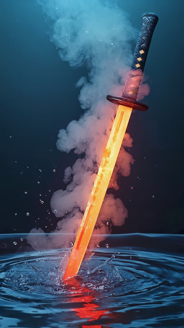 Glowing red-hot katana blade plunging into a dark water trough, violent burst of steam and bubbles, orange light dying into blue, frozen instant