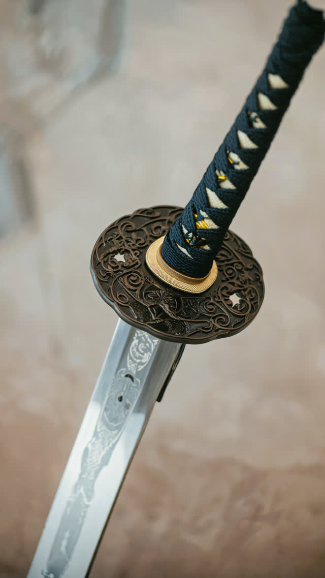 Finished katana under angled light, brilliant white hardened edge meeting dark resilient body along a misty wave line, the boundary glowing, museum quality