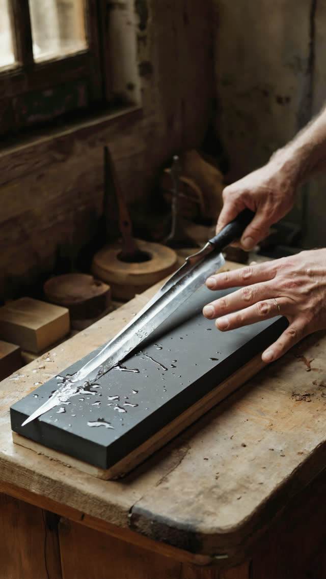 Hands drawing a sword blade across a wet whetstone in a traditional polishing workshop, water sheen on stone, rhythmic stroke caught mid-motion, warm window light