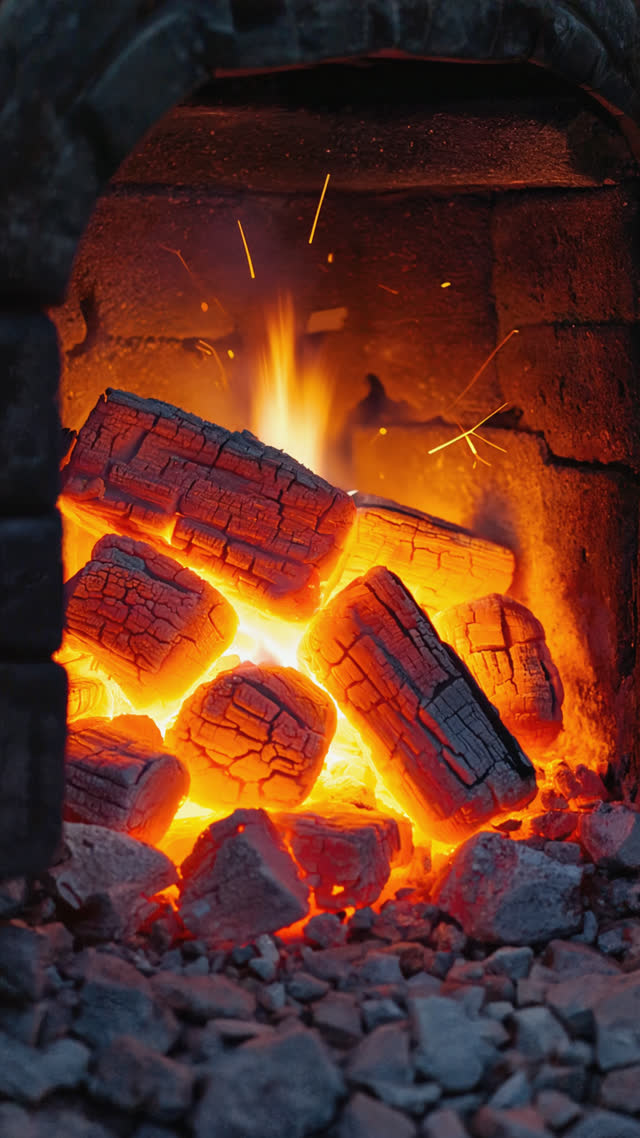 Glowing orange charcoal fire inside a traditional forge, embers breathing with heat, tiny sparks drifting upward, deep black surroundings