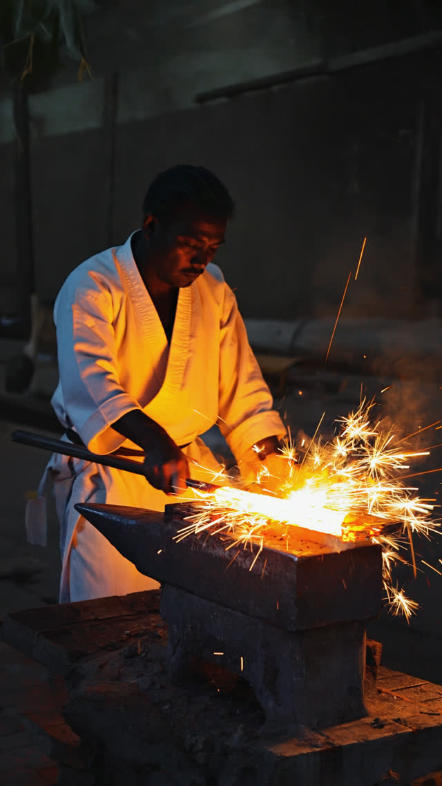 Public sword forging demonstration in a traditional Japanese smithy, craftsmen in white garments as dark silhouettes striking glowing steel, bright sparks scattering, faces not…