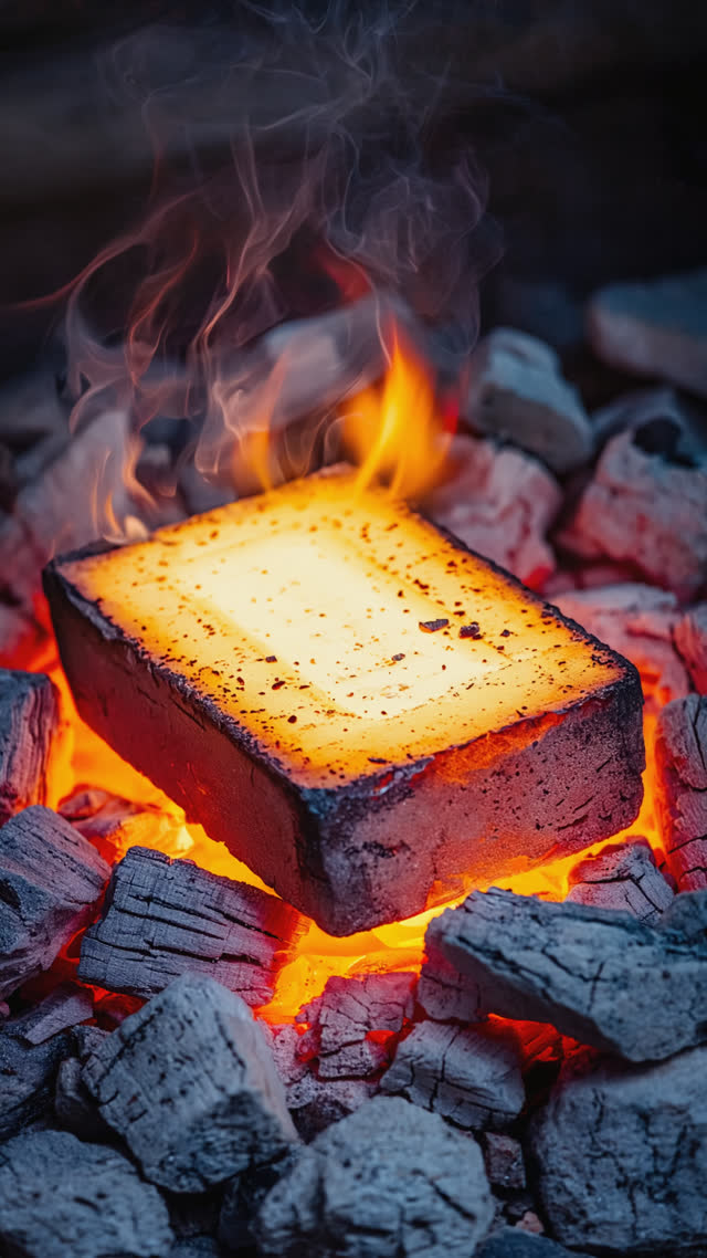 Tamahagane steel block glowing white-orange inside a charcoal forge at extreme heat, roaring embers, intense radiant light, macro