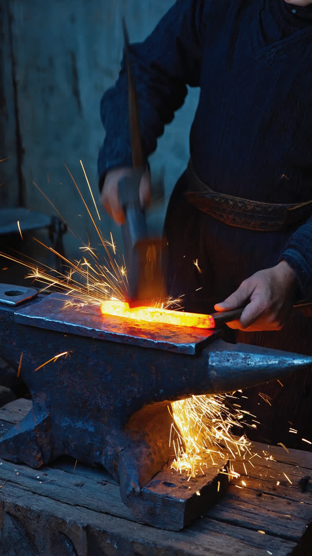 Sword forging moment, hammer striking glowing folded steel on an anvil, golden sparks bursting outward, craftsmen as dark silhouettes in traditional garments, no visible faces