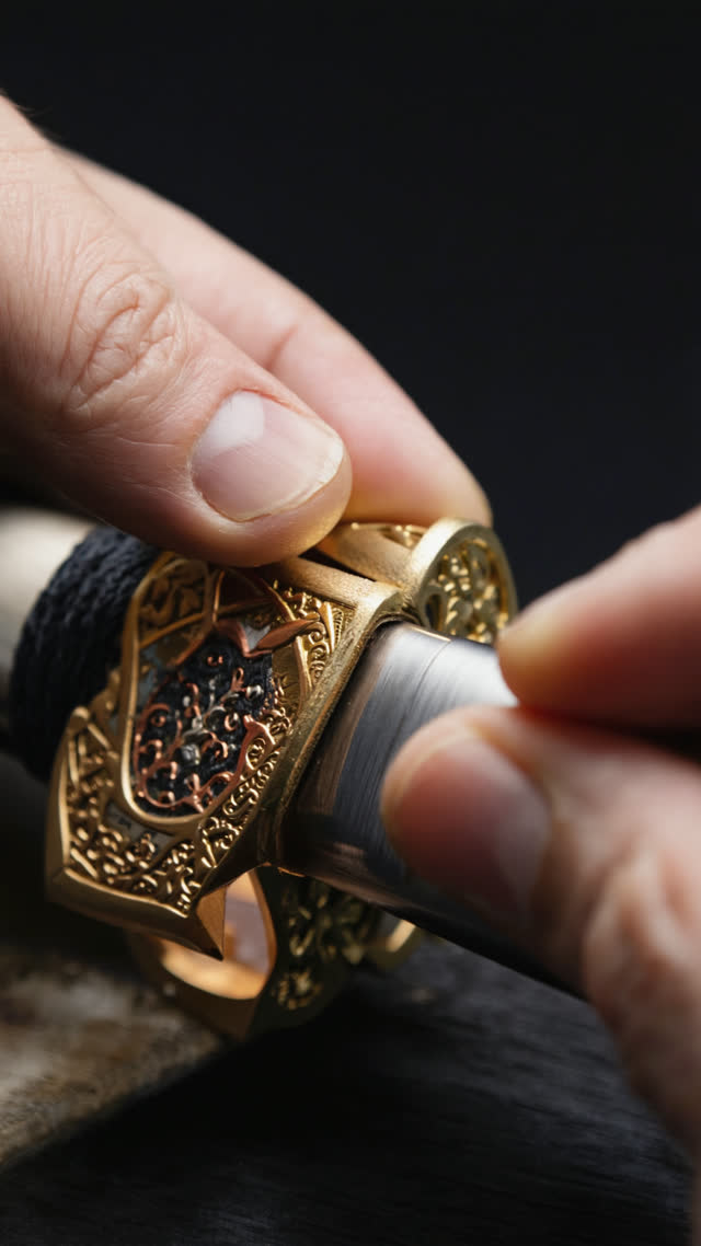 Extreme macro of a gleaming gold-copper habaki collar being fitted onto the base of a Japanese sword blade by careful fingertips, jewel-like metal detail, dark background,…