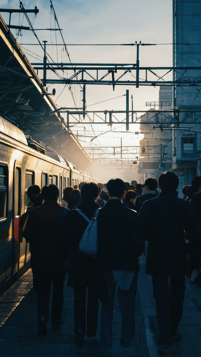 Wide shot of a crowded Japanese train platform at rush hour, commuters as backlit silhouettes from behind, muted tones, calm order, no visible faces