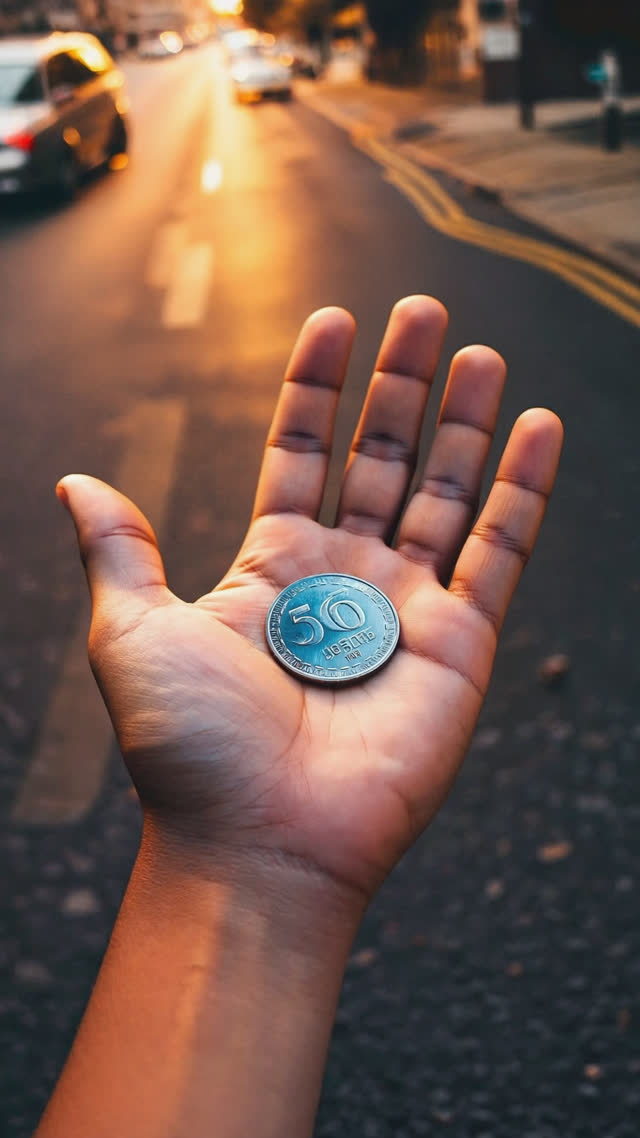 Open palm holding a 500 yen coin under warm street light, engraved details sharp, shallow depth of field