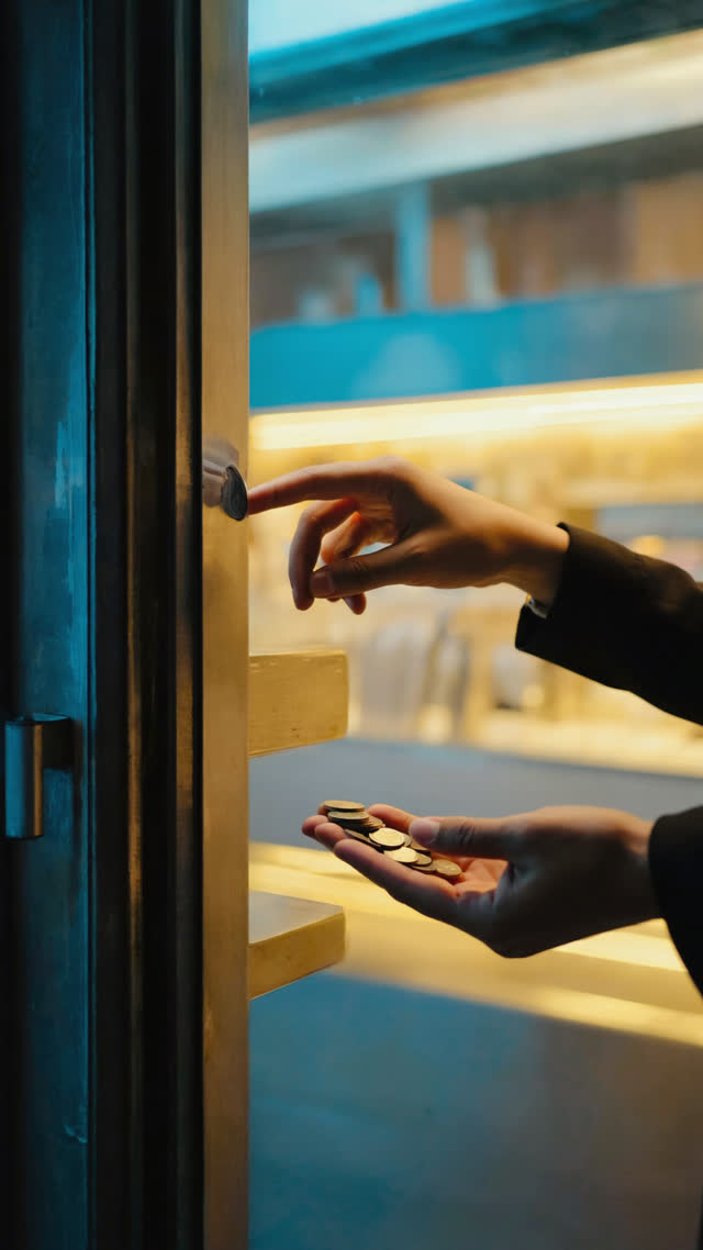 Hands politely returning coins through a sliding restaurant door, slight bow implied by hand angle, warm light from inside