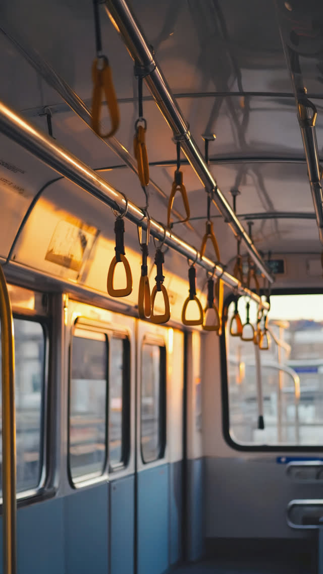 Row of identical train hand straps swaying gently in a quiet carriage, symmetry and shared space, warm evening light