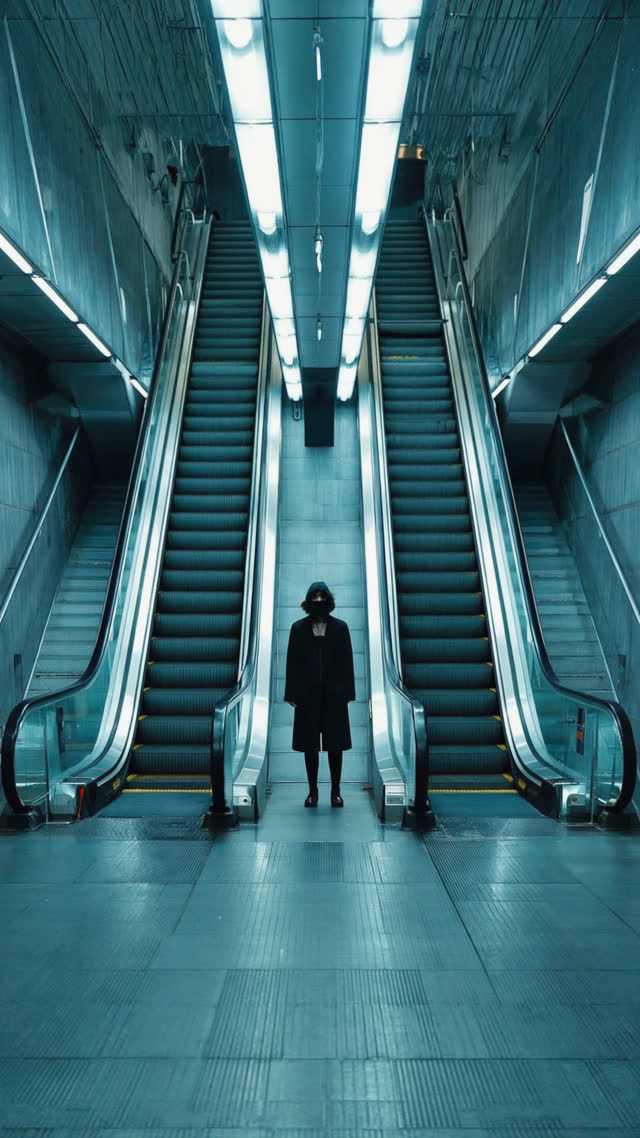 Two escalators side by side with standing figures as silhouettes on opposite sides, symmetry and contrast, cool station light, no visible faces