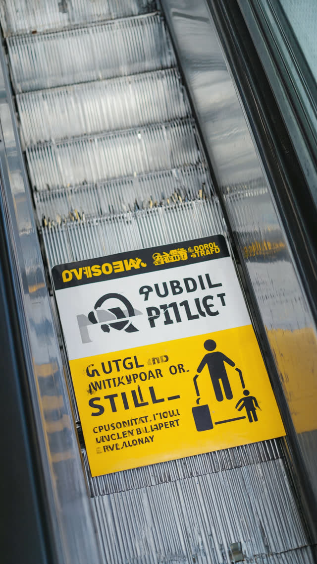 Public campaign sticker urging passengers to stand still on escalators, official municipal design, crisp close-up
