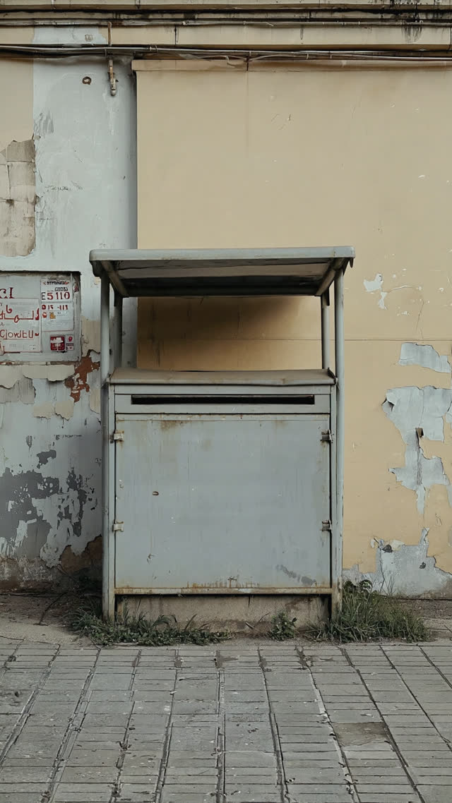 Muted documentary image of a covered, decommissioned public trash bin space against a station wall, subdued tones, historical stillness