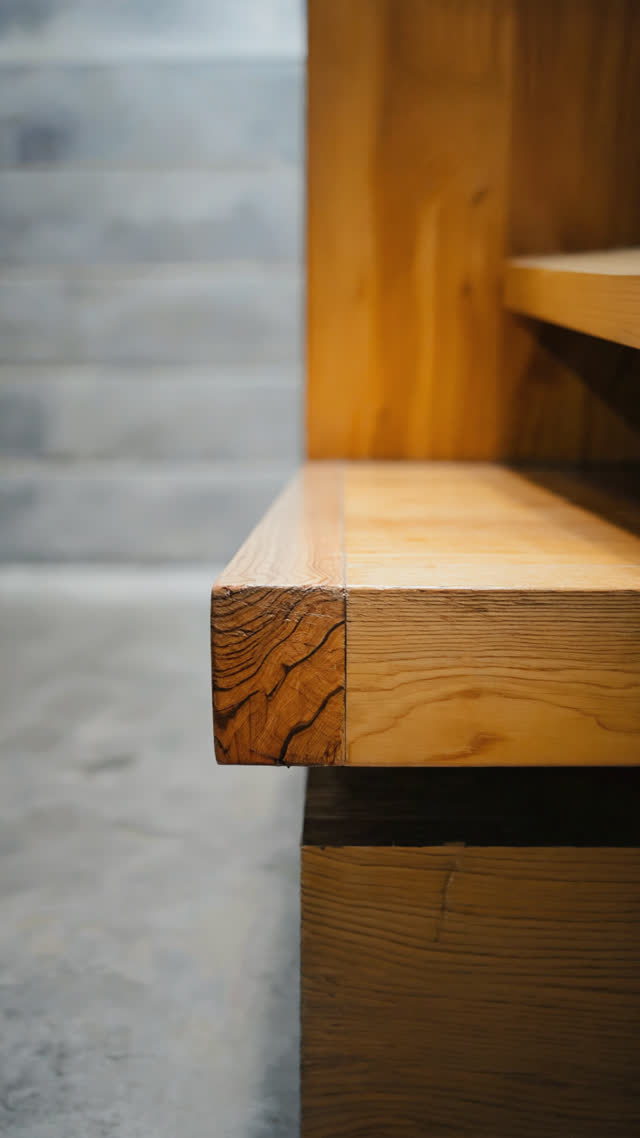 Extreme close-up of a polished agarikamachi wooden step edge, deep grain worn smooth by decades of use, soft raking light, macro texture