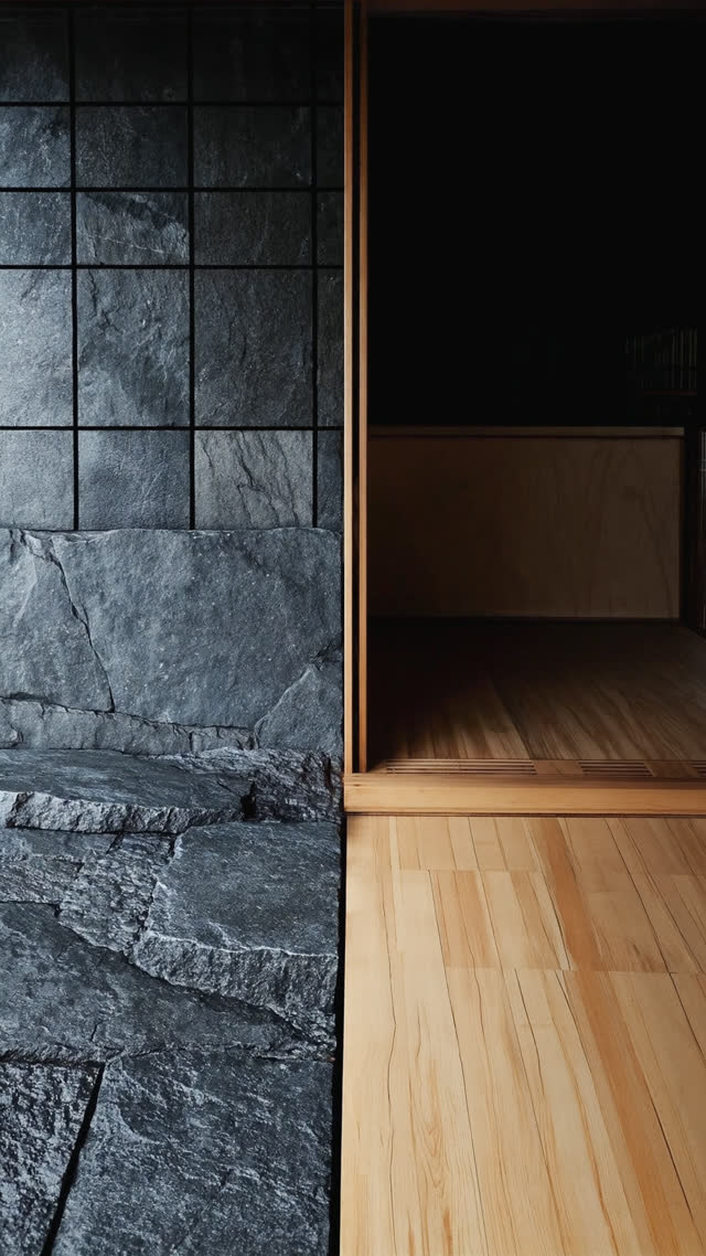 Low angle across a genkan threshold, rough dark stone floor meeting bright smooth wooden interior beyond a single step, strong material contrast
