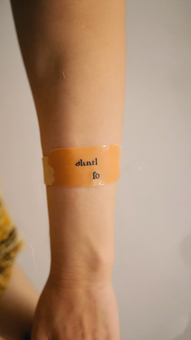 Close-up of a forearm with a small tasteful tattoo partly covered by a flesh-tone cover sticker, soft bathhouse light, skin texture, arm only