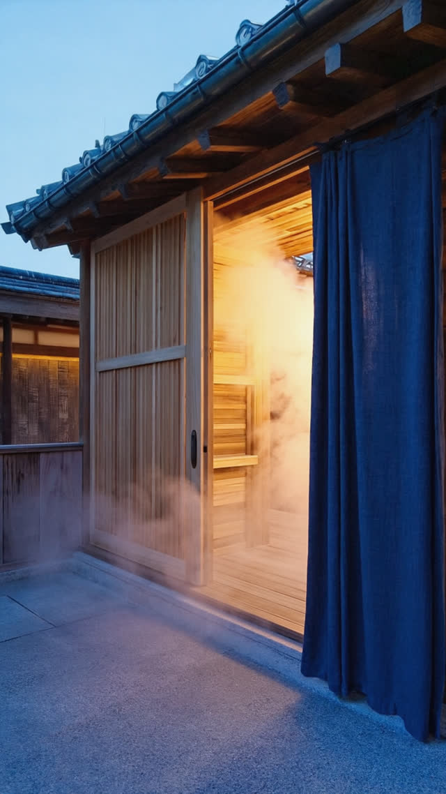 Sliding bathhouse door ajar with warm light and steam spilling out, welcoming glow against an indigo curtain, hopeful mood
