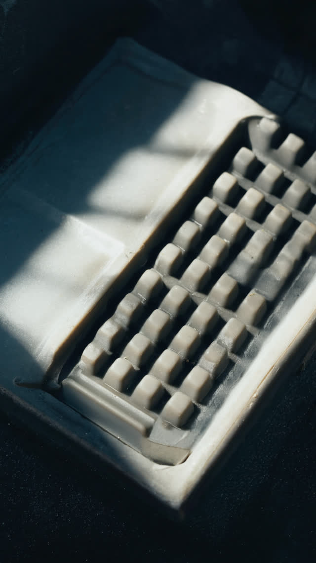 Macro of a classic Japanese cash tray, ribbed rubber surface catching raking light, worn edges, shallow depth of field