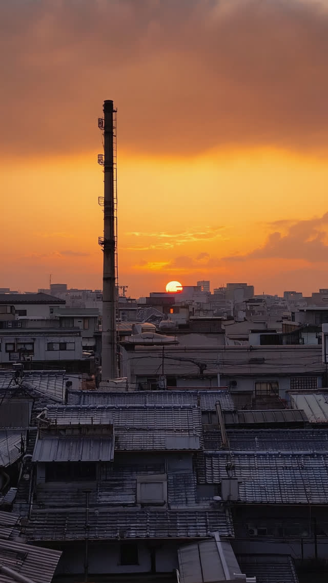 Tall sento bathhouse chimney rising above dense retro Tokyo rooftops, dramatic orange sunset sky, telephoto compression, silhouette, nostalgic atmosphere